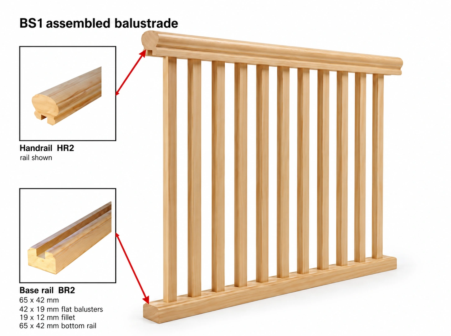 Heritage BS1 slat balustrade reference drawing with handrail and bottom rail profiles