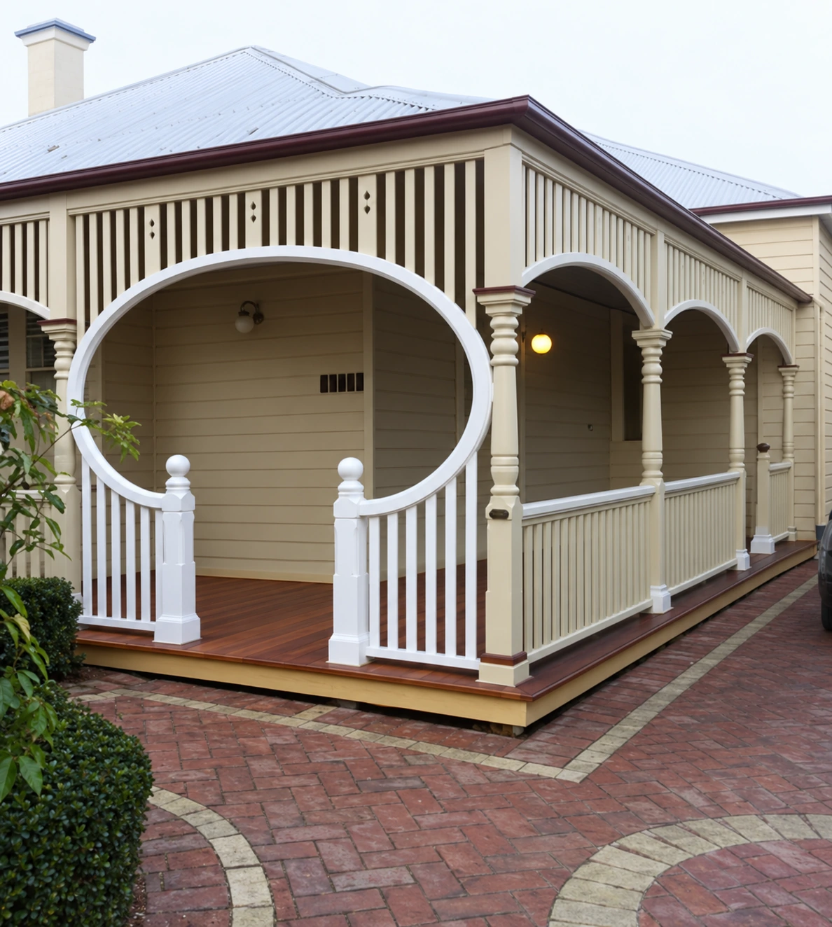 Circular porch opening with balustrade; restored photograph